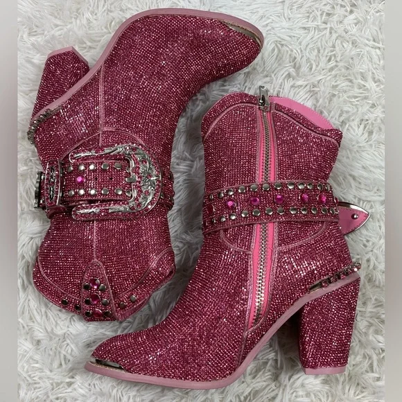 CLUB EXX Pink Sheriff Shine Rhinestone Cowboy Boots Ankle Booties Heeled Size 8 - Picture 6 of 13
